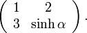 \left(\begin{array}{cc} 1 & 2 \\ 3 & \sinh\alpha\end{array}\right).