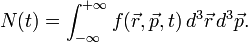 N(t) = \int_{-\infty}^{+\infty} f(\vec{r}, \vec{p}, t) \, d^3 \vec{r} \, d^3 \vec{p}.