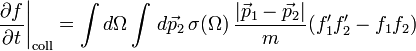 
\left. \frac{\partial f}{\partial t} \right|_{\mathrm{coll}} = \int d\Omega \int \, d\vec{p}_2 \, \sigma(\Omega) \, \frac{|\vec{p}_1 - \vec{p}_2|}{m} (f'_1 f'_2 - f_1 f_2)
