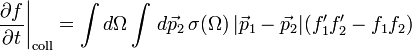 
\left. \frac{\partial f}{\partial t} \right|_{\mathrm{coll}} = \int d\Omega \int \, d\vec{p}_2 \, \sigma(\Omega) \, |\vec{p}_1 - \vec{p}_2| (f'_1 f'_2 - f_1 f_2)
