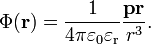 \Phi(\mathbf{r}) = \frac{1}{4 \pi \varepsilon_0 \varepsilon_{\text{r}}}\frac{\mathbf{pr}}{r^3}.