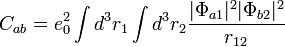 C_{ab} = e_0^2 \int d^3 r_1 \int d^3 r_2 \frac{|\Phi_{a1}|^2 |\Phi_{b2}|^2}{r_{12}}