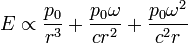 E \propto \frac{p_0}{r^{3}} + \frac{p_0\omega}{cr^{2}} +  \frac{p_0\omega^{2}}{c^{2}r}