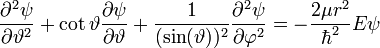  \frac{\partial^{2} \psi }{\partial \vartheta^{2}} + \cot{\vartheta} \frac{\partial \psi }{\partial \vartheta} + \frac{1}{(\sin(\vartheta))^{2}} \frac{\partial^{2} \psi }{\partial \varphi^{2}} = - \frac{2 \mu r^{2}}{\hbar^{2}} E \psi  