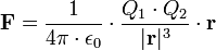 \mathbf{F} = \frac{1}{4 \pi \cdot \epsilon_0} \cdot \frac{Q_1 \cdot Q_2}{|\mathbf{r}|^3} \cdot \mathbf{r}