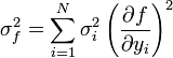 \sigma_f^2 = \sum_{i=1}^N \sigma_i^2 \left( \frac{\partial f}{\partial y_i} \right)^2