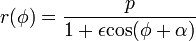 r(\phi) = \frac{p}{1 + \epsilon\operatorname{cos}(\phi + \alpha)}