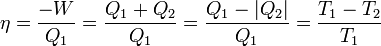 \eta = \frac{-W}{Q_1} = \frac{Q_1+Q_2}{Q_1} = \frac{Q_1-|Q_2|}{Q_1} = \frac{T_1-T_2}{T_1}