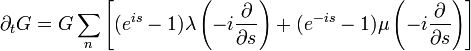 \partial_{t}G=G\sum_{n}\left[(e^{is}-1)\lambda\left(-i\frac{\partial}{\partial s}\right)+(e^{-is}-1)\mu\left(-i\frac{\partial}{\partial s}\right)\right]